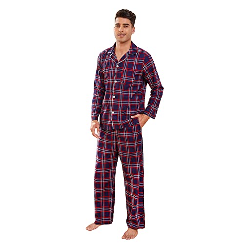 Vulcanodon Herren Pyjama Set karriert, Schlafanzug Herren weicher Druck Pyjamas für Männer, leichte warme Pyjamas mit Taschen (Dunkelblau-Rot Kariert, XL) von Vulcanodon
