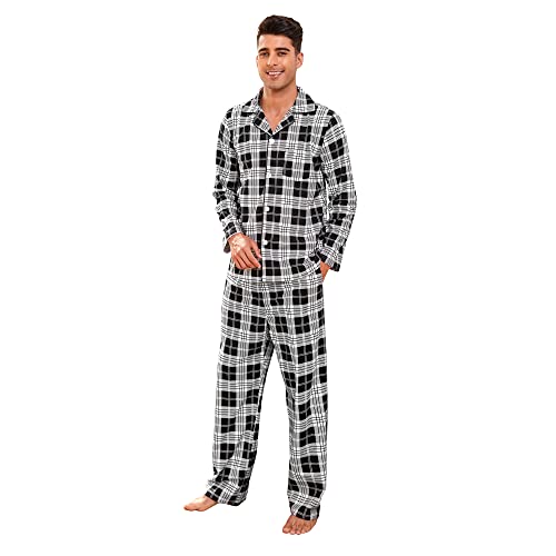 Vulcanodon Herren Pyjama Set karriert, Schlafanzug Herren weicher Druck Pyjamas für Männer, leichte warme Pyjamas mit Taschen (Schwarz-Weiß Kariert, 2XL) von Vulcanodon