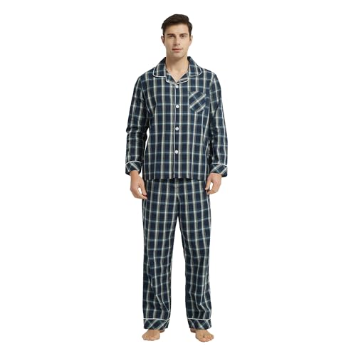 Vulcanodon Pyjama Herren 100% Baumwolle Schlafanzug lang Set kariert mit Knopfleiste weiche Nachtwäsche (Dunkelblau, 2XL) von Vulcanodon