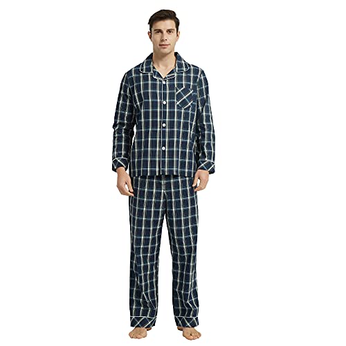 Vulcanodon Pyjama Herren 100% Baumwolle Schlafanzug lang Set kariert mit Knopfleiste weiche Nachtwäsche (Dunkelblau, M) von Vulcanodon