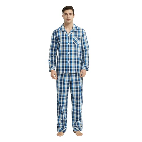 Vulcanodon Pyjama Herren 100% Baumwolle Schlafanzug lang Set kariert mit Knopfleiste weiche Nachtwäsche (Königsblau, 2XL) von Vulcanodon