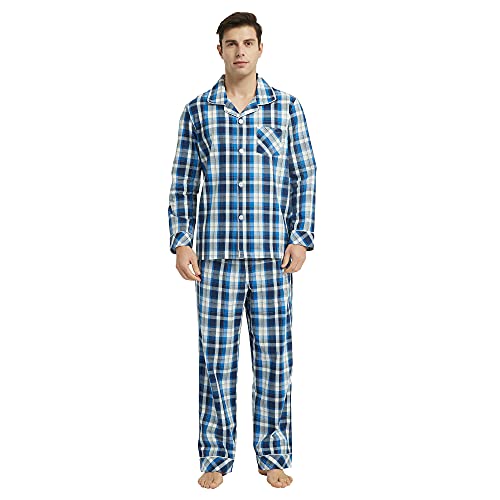 Vulcanodon Pyjama Herren 100% Baumwolle Schlafanzug lang Set kariert mit Knopfleiste weiche Nachtwäsche (Königsblau, L) von Vulcanodon