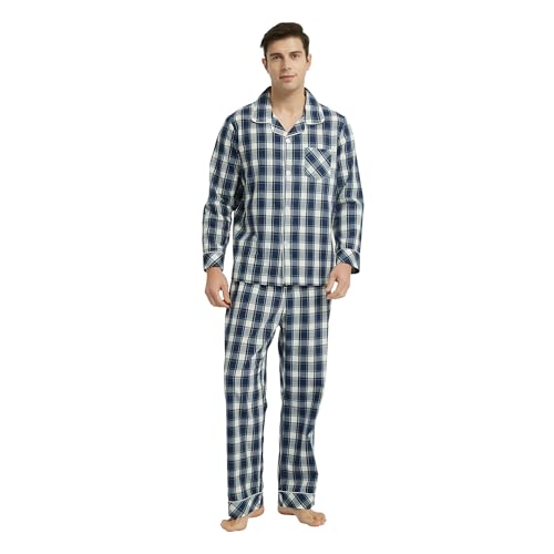Vulcanodon Pyjama Herren 100% Baumwolle Schlafanzug lang Set kariert mit Knopfleiste weiche Nachtwäsche (Marineblau, 2XL) von Vulcanodon