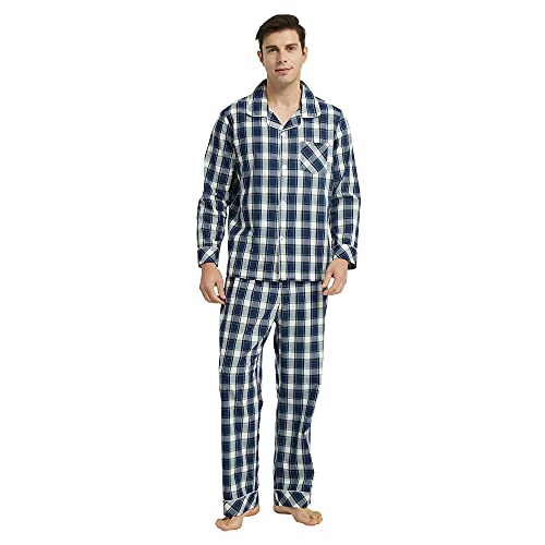 Vulcanodon Pyjama Herren 100% Baumwolle Schlafanzug lang Set kariert mit Knopfleiste weiche Nachtwäsche (Marineblau, M) von Vulcanodon