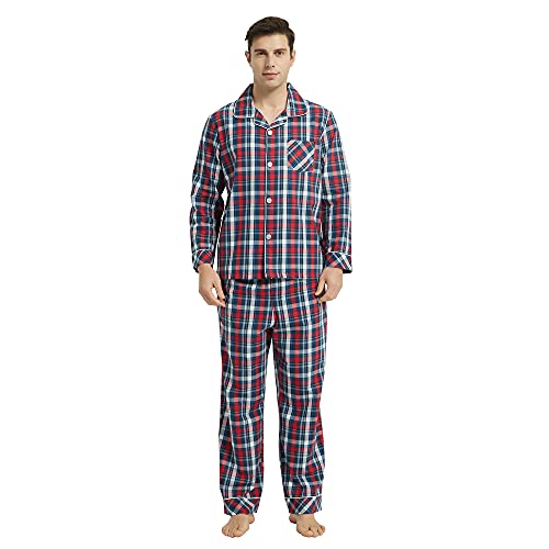 Vulcanodon Pyjama Herren 100% Baumwolle Schlafanzug lang Set kariert mit Knopfleiste weiche Nachtwäsche (Rot-Blau, M) von Vulcanodon