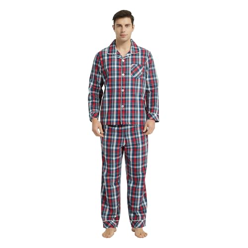 Vulcanodon Pyjama Herren 100% Baumwolle Schlafanzug lang Set kariert mit Knopfleiste weiche Nachtwäsche (Rot-Blau, XL) von Vulcanodon