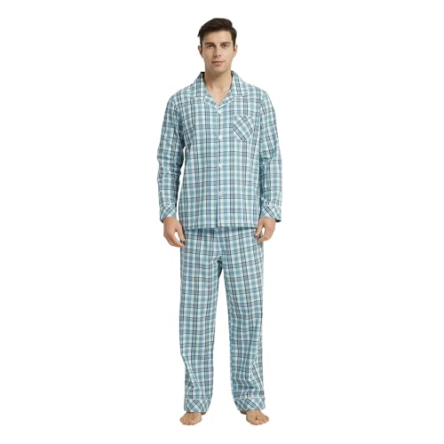 Vulcanodon Pyjama Herren 100% Baumwolle Schlafanzug lang Set kariert mit Knopfleiste weiche Nachtwäsche (Wasserblau, M) von Vulcanodon