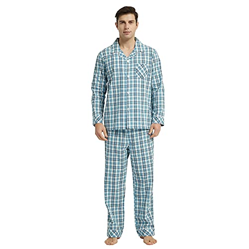 Vulcanodon Pyjama Herren 100% Baumwolle Schlafanzug lang Set kariert mit Knopfleiste weiche Nachtwäsche (Wasserblau, S) von Vulcanodon