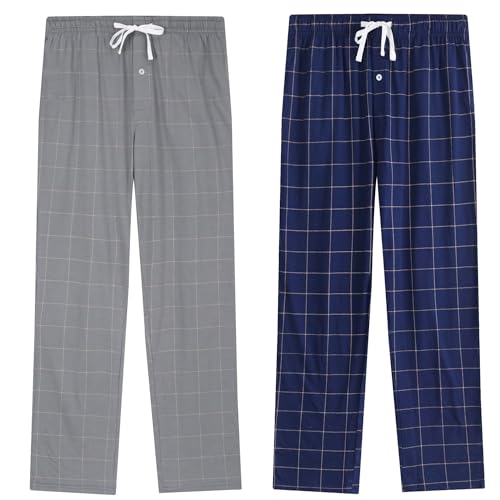 Vulcanodon Pyjamahose Herren lang karierte Schlafanzughose leichte Schlafhose mit Taschen weiche Freizeithose (Marineblau+Eisengrau, S) von Vulcanodon