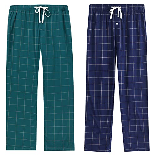 Vulcanodon Pyjamahose Herren lang karierte Schlafanzughose leichte Schlafhose mit Taschen weiche Freizeithose (Marineblau+Jägergrün, L) von Vulcanodon