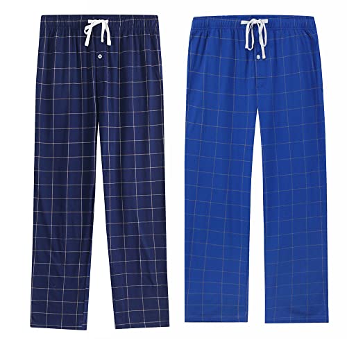 Vulcanodon Pyjamahose Herren lang karierte Schlafanzughose leichte Schlafhose mit Taschen weiche Freizeithose (Marineblau+Königsblau, XL) von Vulcanodon