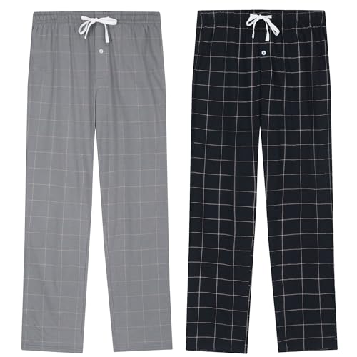 Vulcanodon Pyjamahose Herren lang karierte Schlafanzughose leichte Schlafhose mit Taschen weiche Freizeithose (Schwarz+Eisengrau, L) von Vulcanodon