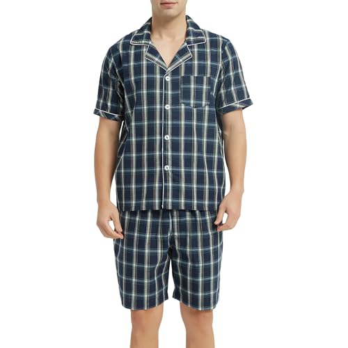 Vulcanodon Schlafanzug Herren kurz 100% Baumwolle Sommer Shorty Pyjama kariert mit Knopfleiste weiche Nachtwäsche (Dunkelblau, S) von Vulcanodon