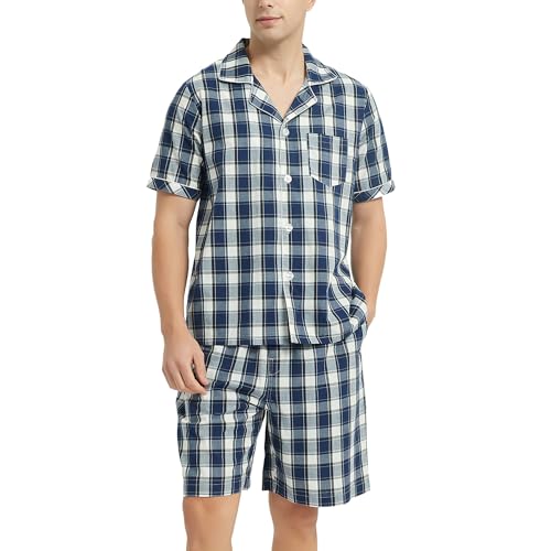 Vulcanodon Schlafanzug Herren kurz 100% Baumwolle Sommer Shorty Pyjama kariert mit Knopfleiste weiche Nachtwäsche (Marineblau, L) von Vulcanodon