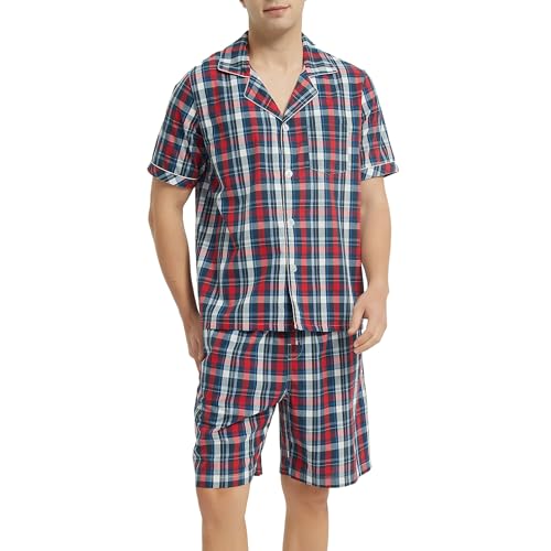Vulcanodon Schlafanzug Herren kurz 100% Baumwolle Sommer Shorty Pyjama kariert mit Knopfleiste weiche Nachtwäsche (Rot-Blau, L) von Vulcanodon