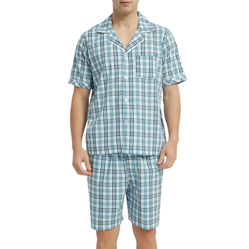 Vulcanodon Schlafanzug Herren kurz 100% Baumwolle Sommer Shorty Pyjama kariert mit Knopfleiste weiche Nachtwäsche (Wasserblau, M) von Vulcanodon