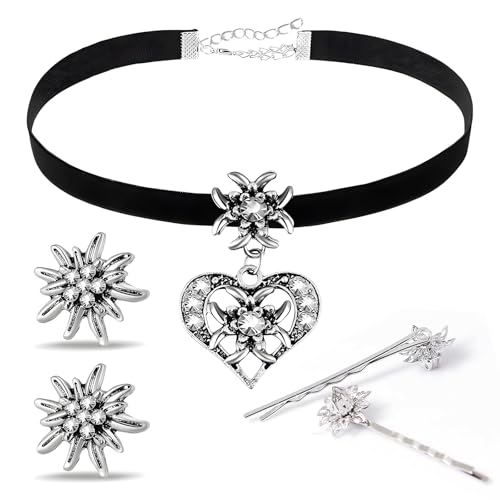 Vulevirtue 5 Stück Samt Kropfband,mit Strass Edelweiß Herz Anhänger und Edelweiß Ohrstecker Damen Kette Herz Anhänger Edelweiß Haarspange für Damen Bierfest Trachten Dirndl Outfit Accessoires von Vulevirtue