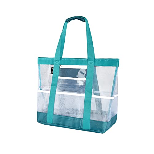 Vulken Mesh Beach Bag. Multipurpose Big Tote Bag Shoulder Bag for Beach Party, Picnic, Travel, Shopping and Gym. 9 Pockets Top Zip Quick Dry Swim Bag for Women Girls and Men, Teal von Vulken