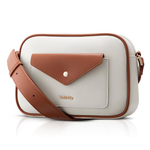 Vulkitty Damen Handy Umhängetasche PU Leder Crossbody Schultergurt Bag Kleine Morderne Handtaschen mit 3 Fächern, Weiß und Braun von Vulkitty