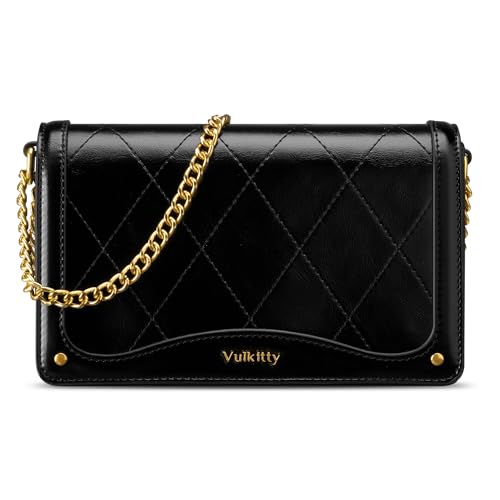 Vulkitty Damen Kleine Umhängetasche Lingge Schultertasche Lackleder Crossbody Bag mit Vintage Ketten Schultergurt, Schwarz von Vulkitty