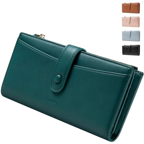 Vulkitty Geldbörse für Frauen Portemonnaie Damen, großes Fassungsvermögen weichem Leder Geldbeutel Damen, RFID-blockierend, Kreditkarten-Organizer mit Reißverschlusstasche und Handyfach, Grün von Vulkitty