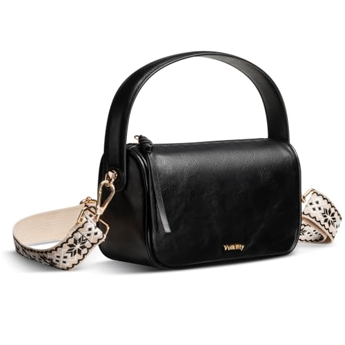 Vulkitty Handtasche Damen Klein PU Leder Top Griff Henkeltasche mit einer extra Schultergurt als Umhängetasche für Alltag, Schwarz von Vulkitty