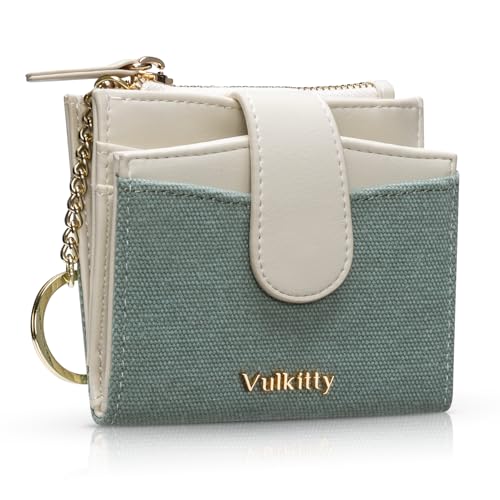 Vulkitty Kreditkartenetui für Damen aus Canvas und Leder RFID-Blockierende Damengeldbörse mit Schlüsselanhänger Münzfach mit Reißverschluss Zweifach Gefaltete Vordertasche Portemonnaie von Vulkitty