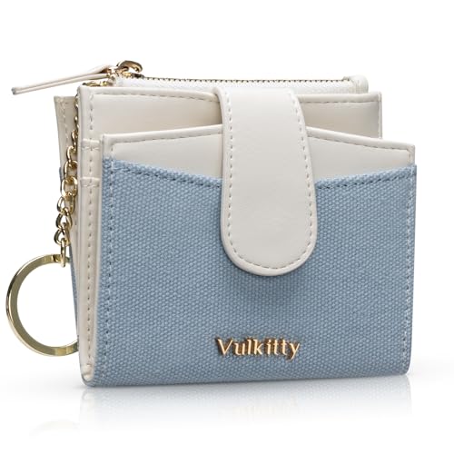 Vulkitty Kreditkartenetui für Damen aus Canvas und Leder RFID-Blockierende Damengeldbörse mit Schlüsselanhänger Münzfach mit Reißverschluss Zweifach Gefaltete Vordertasche Portemonnaie von Vulkitty