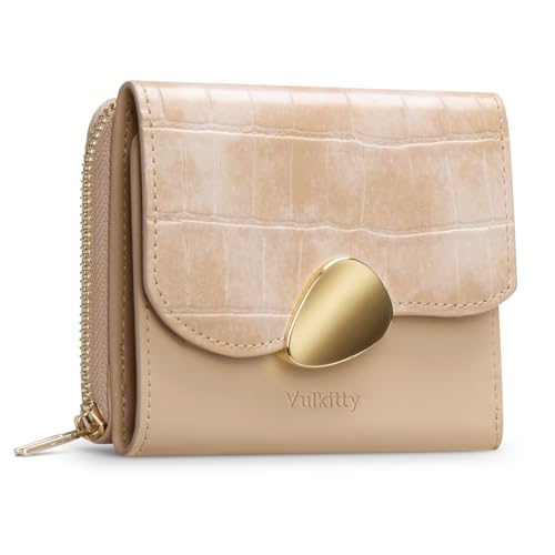 Vulkitty Leder Kleine Geldbörse Damen mit RFID Schutz, Dreifach Gefaltet Karten Portemonnaie mit Große Reißverschlusstasche für Münzen, Schlüssel oder Lippenstifte, Beige von Vulkitty