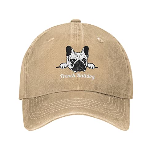 VunKo Französische Bulldogge Peeking Dogs Used-Look Verstellbarer gewaschener Denim Herren Dad Trucker Hut Baseball Cap für Herren, Natur, Einheitsgröße von VunKo