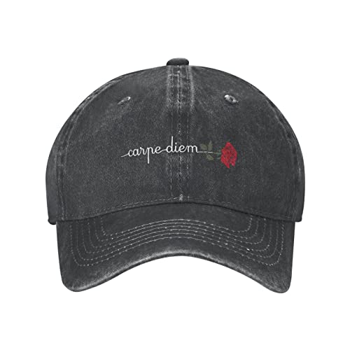 VunKo Rose Carpe Diem Positive Distressed Adjustable Washed Denim Mens Dad Trucker Hat Baseball Cap for Men, Schwarz, Einheitsgr��e von VunKo
