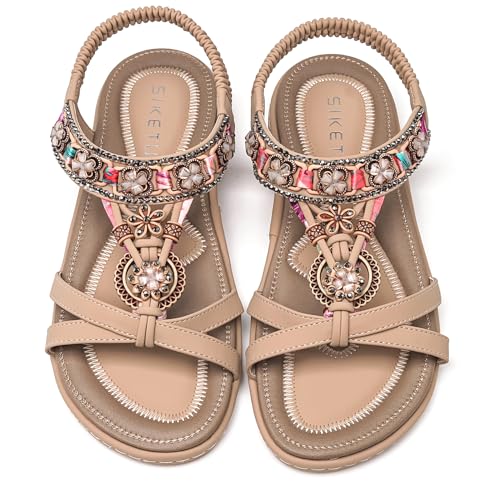 Vunavueya Damen Sandalen Slingback Frauen Zehentrenner Sandale Flache Sommer Leder Riemchensandale Bohemian Flip Flops Schuhe Beige 41 von Vunavueya