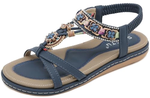 Vunavueya Damen Sandalen Slingback Frauen Zehentrenner Sandale Flache Sommer Leder Riemchensandale Bohemian Flip Flops Schuhe 01 Blau 37 von Vunavueya