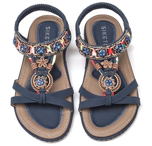 Vunavueya Damen Sandalen Slingback Frauen Zehentrenner Sandale Flache Sommer Leder Riemchensandale Bohemian Flip Flops Schuhe Blau 42 von Vunavueya