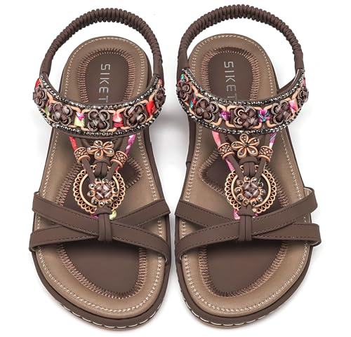 Vunavueya Damen Sandalen Slingback Frauen Zehentrenner Sandale Flache Sommer Leder Riemchensandale Bohemian Flip Flops Schuhe Braun 39 von Vunavueya