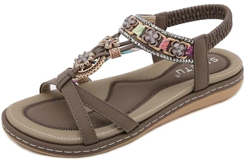 Vunavueya Damen Sandalen Slingback Frauen Zehentrenner Sandale Flache Sommer Leder Riemchensandale Bohemian Flip Flops Schuhe 01 Braun 42 von Vunavueya