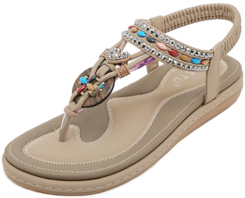 Vunavueya Damen Sandalen Slingback Frauen Zehentrenner Sandale Flache Sommer Leder Riemchensandale Bohemian Flip Flops Schuhe 02 Beige 38 von Vunavueya