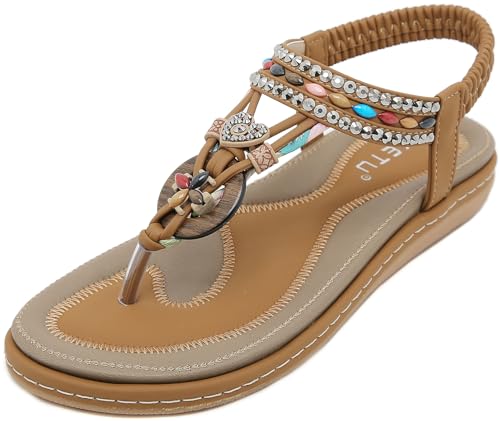 Vunavueya Damen Sandalen Slingback Frauen Zehentrenner Sandale Flache Sommer Leder Riemchensandale Bohemian Flip Flops Schuhe 02 Gelb 37 von Vunavueya