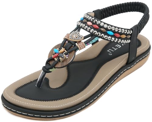 Vunavueya Damen Sandalen Slingback Frauen Zehentrenner Sandale Flache Sommer Leder Riemchensandale Bohemian Flip Flops Schuhe 02 Schwarz 38 von Vunavueya