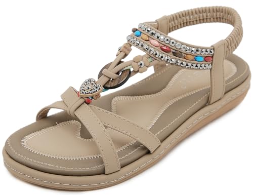 Vunavueya Damen Sandalen Slingback Frauen Zehentrenner Sandale Flache Sommer Leder Riemchensandale Bohemian Flip Flops Schuhe 04 Beige 37 von Vunavueya