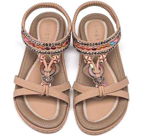 Vunavueya Damen Sandalen Slingback Frauen Zehentrenner Sandale Flache Sommer Leder Riemchensandale Bohemian Flip Flops Schuhe Beige Love 40 von Vunavueya