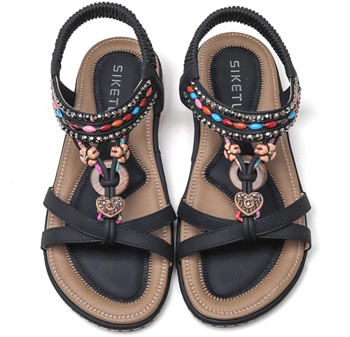 Vunavueya Damen Sandalen Slingback Frauen Zehentrenner Sandale Flache Sommer Leder Riemchensandale Bohemian Flip Flops Schuhe Schwarz Love 37 von Vunavueya
