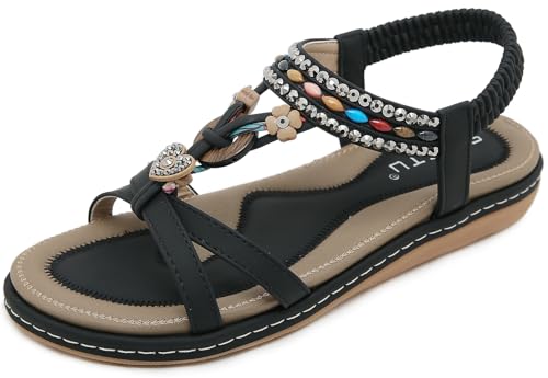 Vunavueya Damen Sandalen Slingback Frauen Zehentrenner Sandale Flache Sommer Leder Riemchensandale Bohemian Flip Flops Schuhe 04 Schwarz 39 von Vunavueya