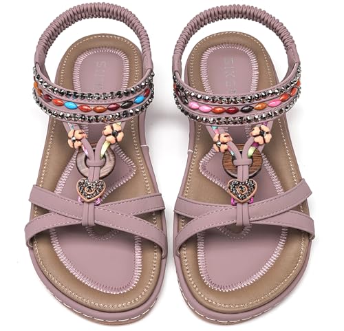 Vunavueya Damen Sandalen Slingback Frauen Zehentrenner Sandale Flache Sommer Leder Riemchensandale Bohemian Flip Flops Schuhe Violett Love 42 von Vunavueya