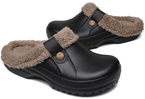 Vunavueya Damen Winter Plüsch Pantoffeln Herren Flache Hausschuhe Warme gefüttert Clogs Pantoletten Weich Bequem Eva Gartenclogs Schuhe Schwarz 39/40 EU=40-41CN von Vunavueya