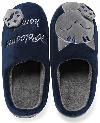 Vunavueya Damen Winter Plüsch Pantoffeln Herren Flache Hausschuhe Warme gefüttert Pantoletten Weich Bequem Baumwolle Slipper Schuhe Blau Open Back 35/36 EU=36-37CN von Vunavueya