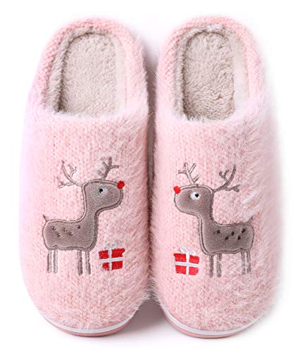 Vunavueya Damen Winter Plüsch Pantoffeln Herren Flache Hausschuhe Warme gefüttert Pantoletten Weich Bequem Baumwolle Slipper Schuhe Pink -C 37/38 EU=38-39CN von Vunavueya