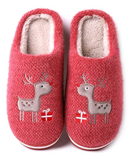 Vunavueya Damen Winter Plüsch Pantoffeln Herren Flache Hausschuhe Warme gefüttert Pantoletten Weich Bequem Baumwolle Slipper Schuhe Rot -C 38/39 EU=40-41CN von Vunavueya