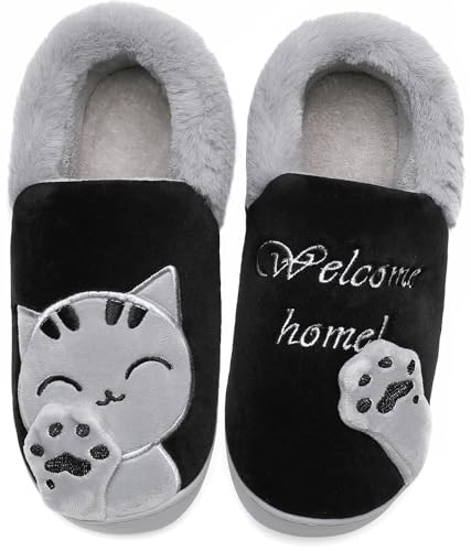 Vunavueya Damen Winter Plüsch Pantoffeln Warme gefüttert Hausschuhe Herren Flache Pantoletten Weich Bequem Slipper Schuhe Schwarz 41/42 EU/42-43CN von Vunavueya