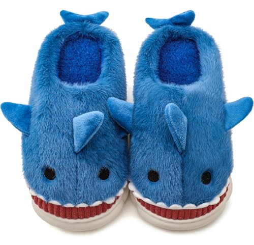 Vunavueya Hausschuhe Damen Warme gefüttert Hai Pantoffeln Herren Winter Plüsch Hausschuh Bequem Baumwolle Slippers Schuhe Blau Offen 37/38 EU_38-39CN von Vunavueya